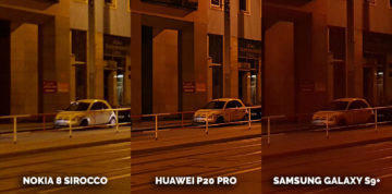 Noční snímek Nokia 8 Sirocco vs Huawei P20 Pro vs Samsung Galaxy S9 Plus - ulice