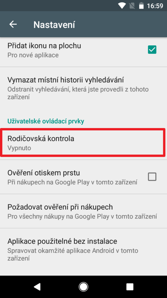 Otevřete sekci Rodičovská kontrola