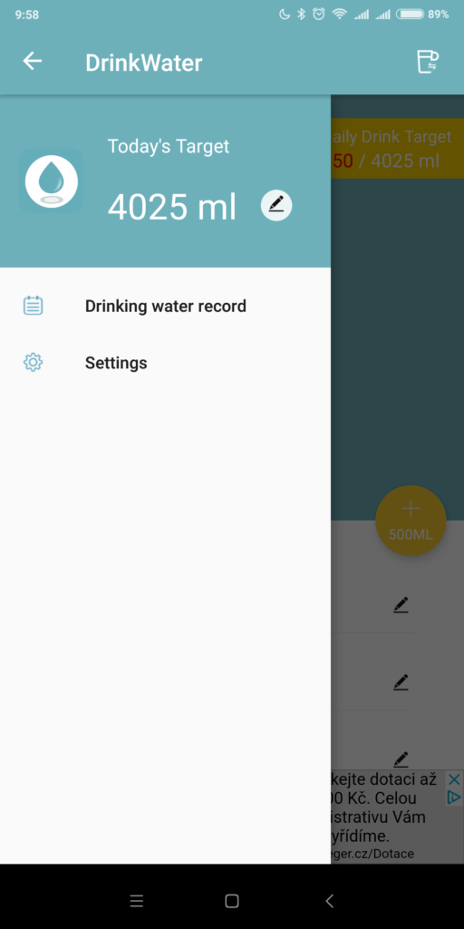 Postranní nabídka Drink Water Reminder