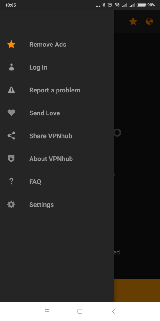 Postranní nabídka VPNhub