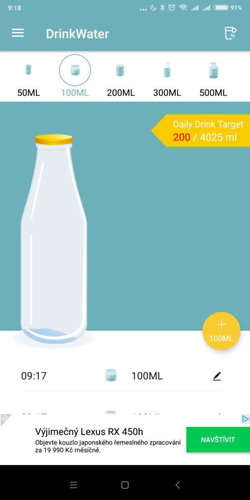 Zadávání jiných objemů Drink Water Reminder