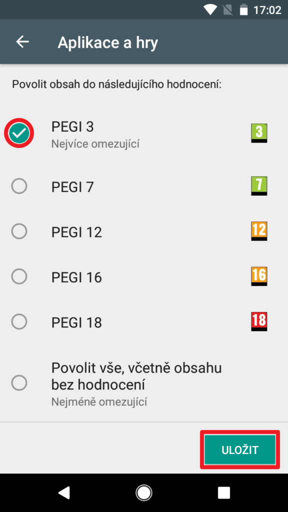 Zvolte úroveň a stiskněte Uložit
