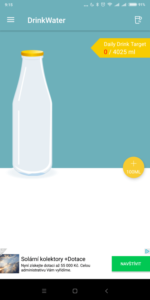 Úvodní obrazovka Drink Water Reminder