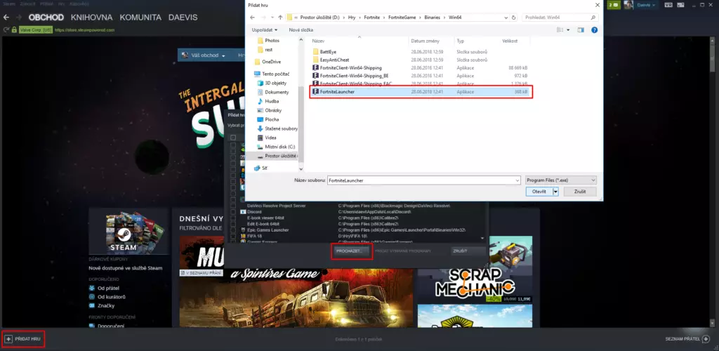 Fortnite steam pridani hry knihovna