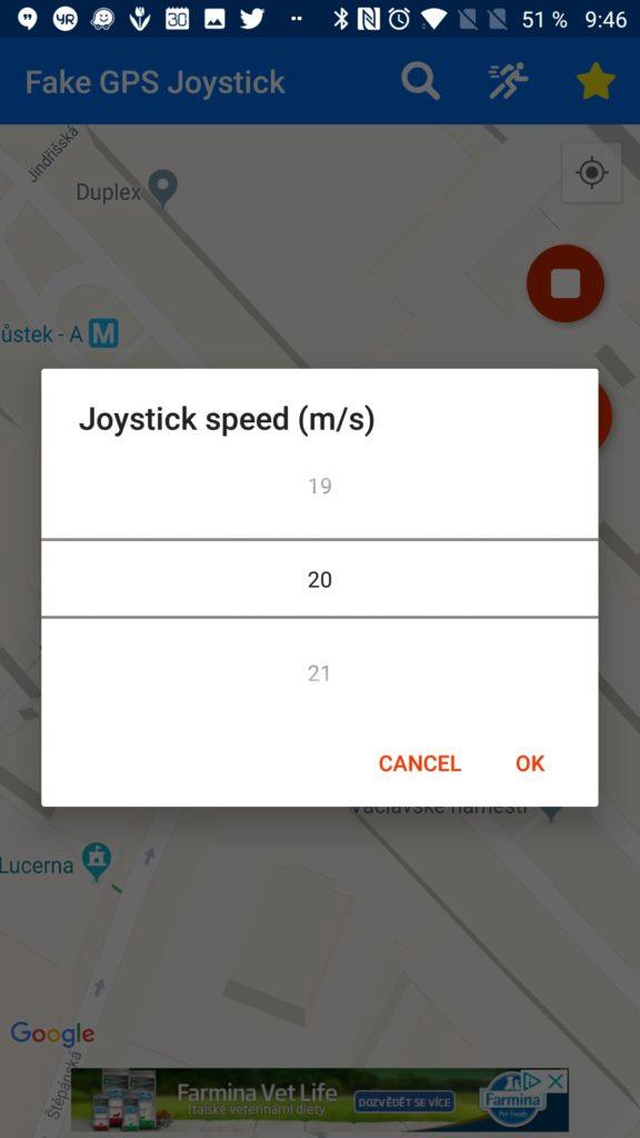 Nastavení rychlosti pohybu Fake GPS Joystick