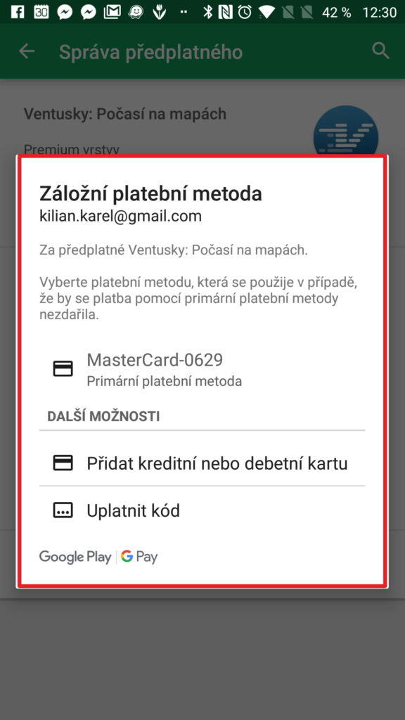 Přidání záložní platební metody