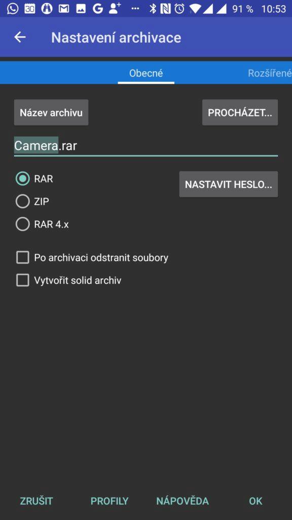 Nastavení komprimace RAR