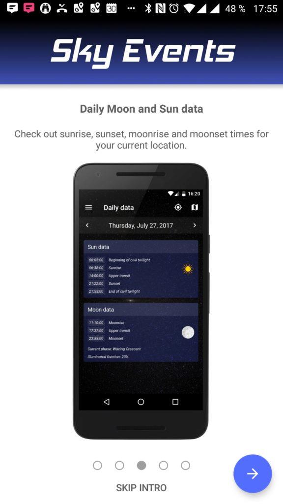 Sky Events Poskytuje data o východu a západu Slunce a Měsíce