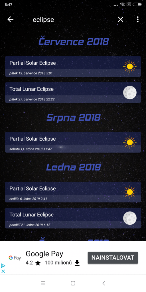 Vyhledávání v astronomických událostech Sky Events