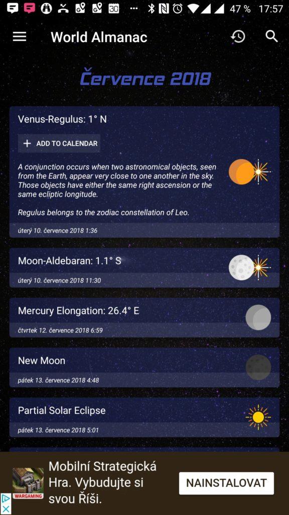 Sky Events Vysvětlení zvoleného astronomického jevu