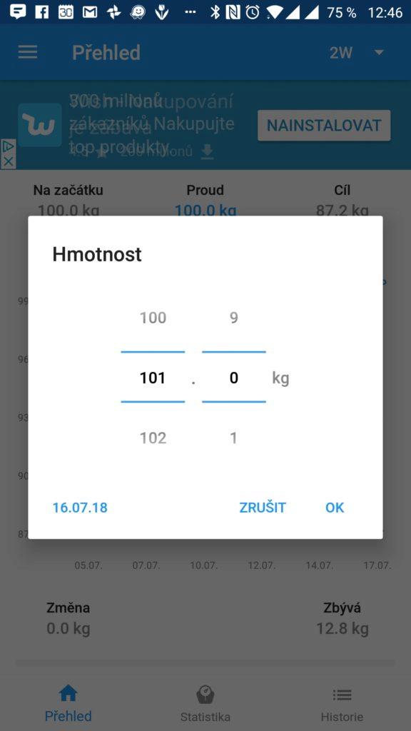 Zadání aktuální váhy WeightFit