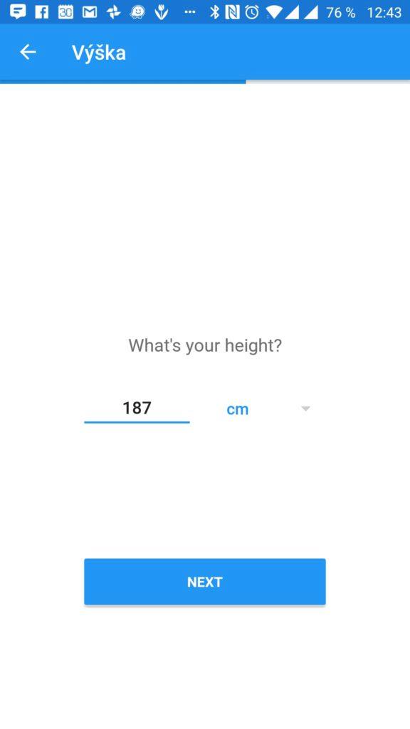Zadání výšky WeightFit