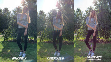 srovnani fotoaparatu oneplus 6 vs apple iphone X modelka proti svetlu