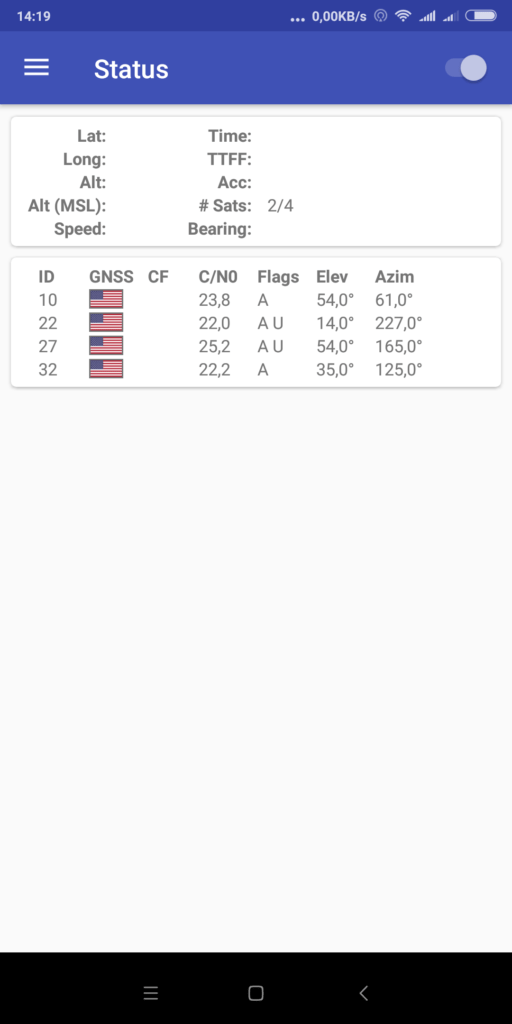 GPSTest načítá viditelné satelity