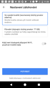 Parametry zálohování Fotky Google