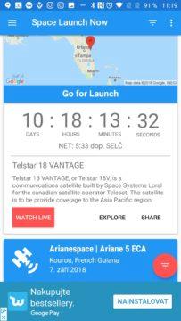 Tlačítko Watch Live pro přímý přenos Space Launch Now