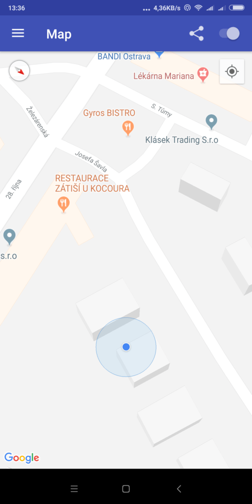 Vaše poloha v mapových podkladech GPSTest