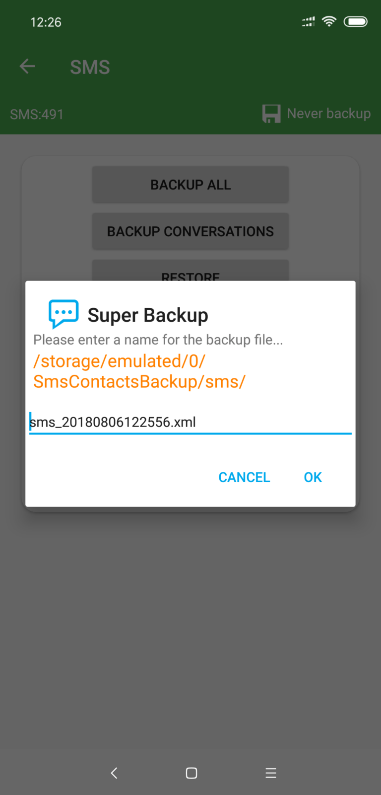 Aplikace Super Backup & Restore záloha SMS, kontaktů a historie