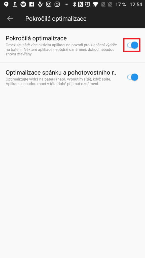 Zapněte volbu Pokročilá optimalizace
