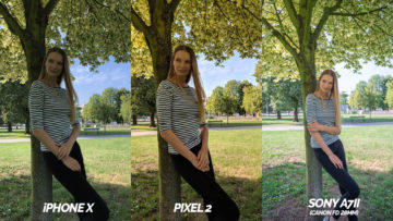 který telefon fotí lépe - pixel 2 vs iphone X modelka opřená o strom