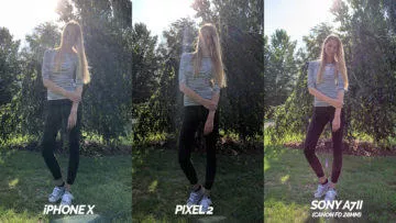 srovnani fotoaparatu pixel 2 vs apple iphone X modelka proti svetlu