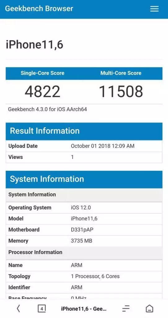 Apple a12 výsledek testu Geekbench