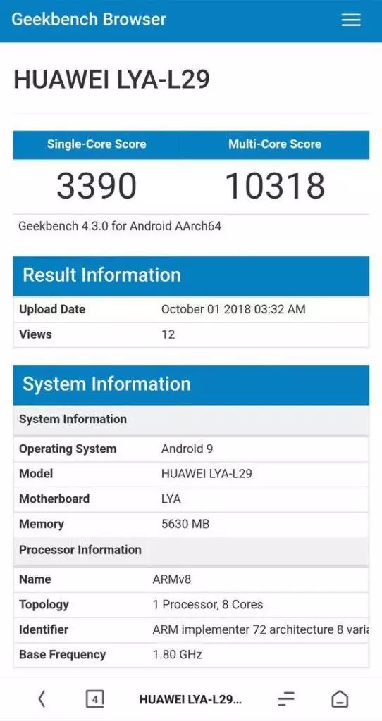 Huawei Kirin 980 výsledek testu Geekbench