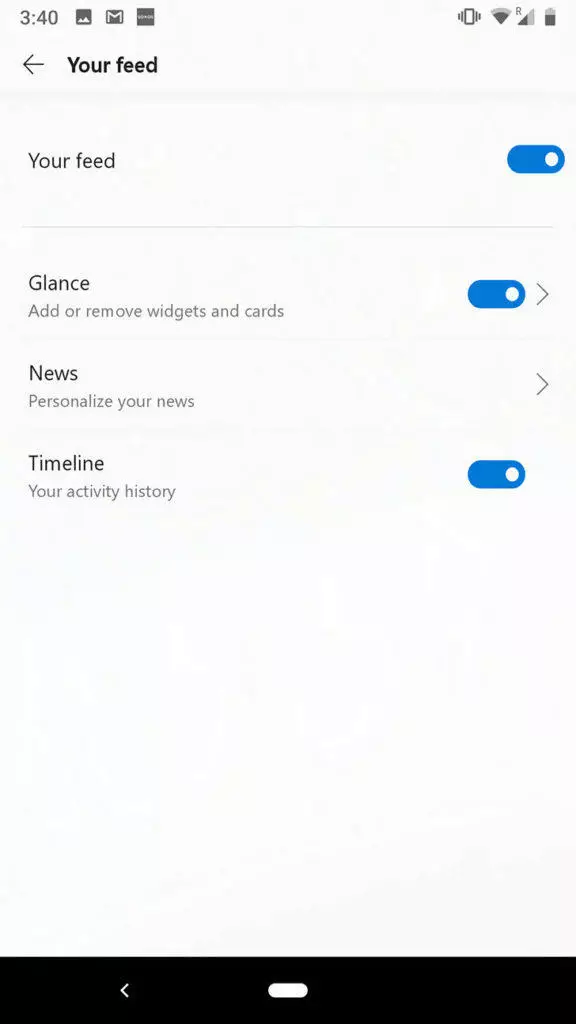 Microsoft launcher nastavení informačního kanálu