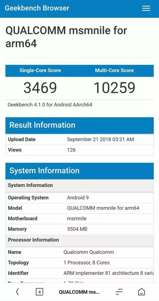 Qualcomm Snapdragon 855 výsledek testu Geekbench