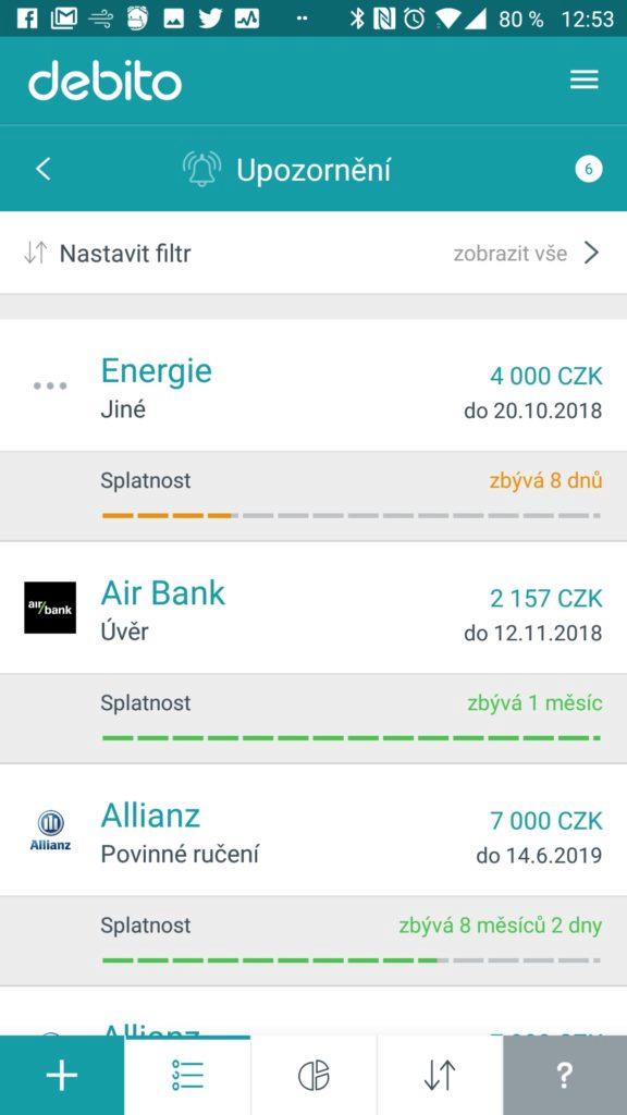 Upozornění na platby Debito