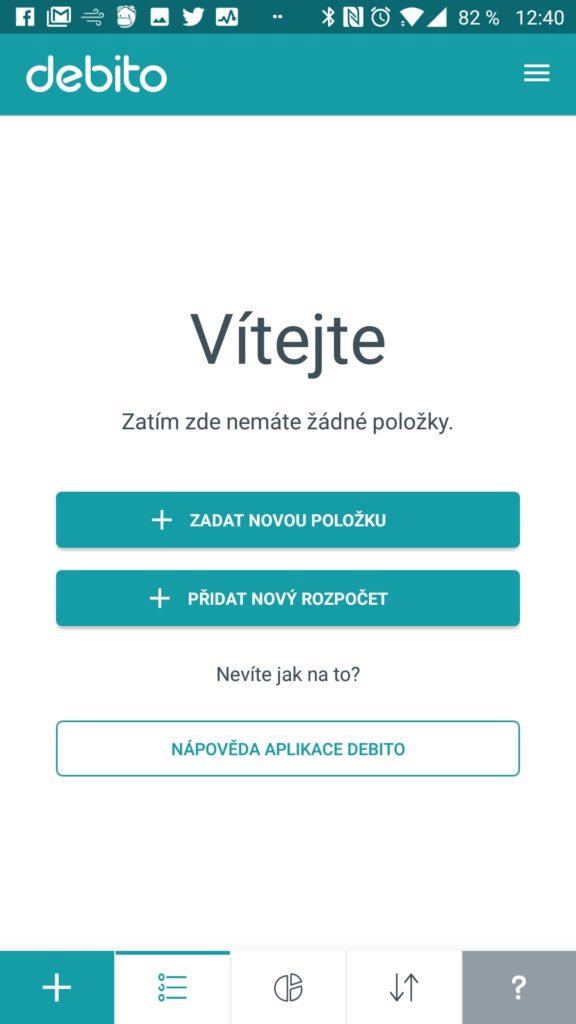 Úvodní obrazovka Debito