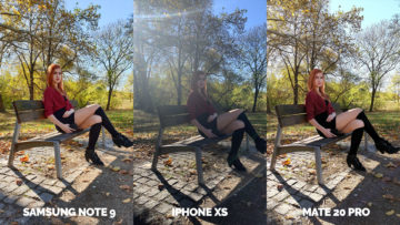 fotografie apple iphone xs vs huawei mate 20 pro vs samsung galaxy note 9 modelka lavicka