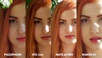 fotografie Pocophone F1 vs. Huawei Mate 20 Pro vs. Honor 8X vs. HTC U12+ modelka ve vetvich detail