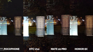 Pocophone F1 vs. Huawei Mate 20 Pro vs. Honor 8X vs. HTC U12+ pamatnik noc foto