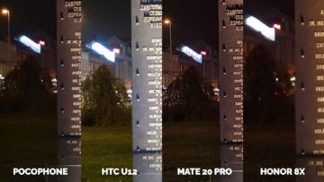 Pocophone F1 vs. Huawei Mate 20 Pro vs. Honor 8X vs. HTC U12+ pamatnik noc foto detail