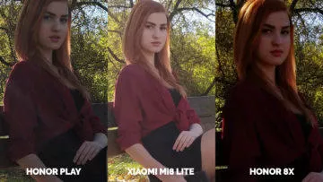 Srovnani fotoaparatu Honor Play vs Xiaomi Mi 8 Lite vs Honor 8X modelka na lavicce detail