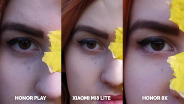 Srovnani fotoaparatu Honor Play vs Xiaomi Mi 8 Lite vs Honor 8X modelka s listem detail