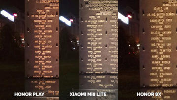 Srovnani fotoaparatu Honor Play vs Xiaomi Mi 8 Lite vs Honor 8X nocni fotografie detail pomnik