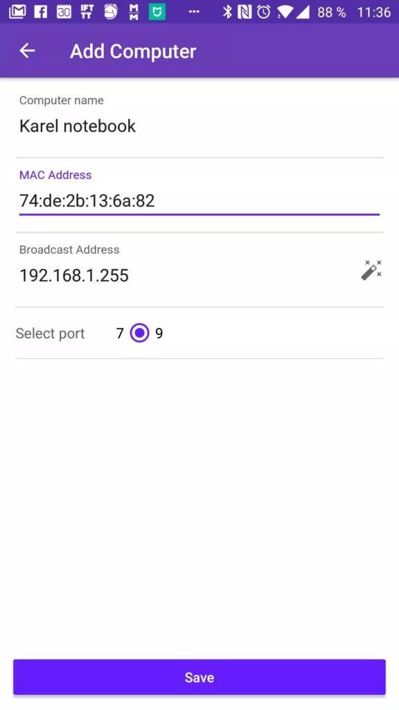 Vyplňte název, MAC adresu a broadcast