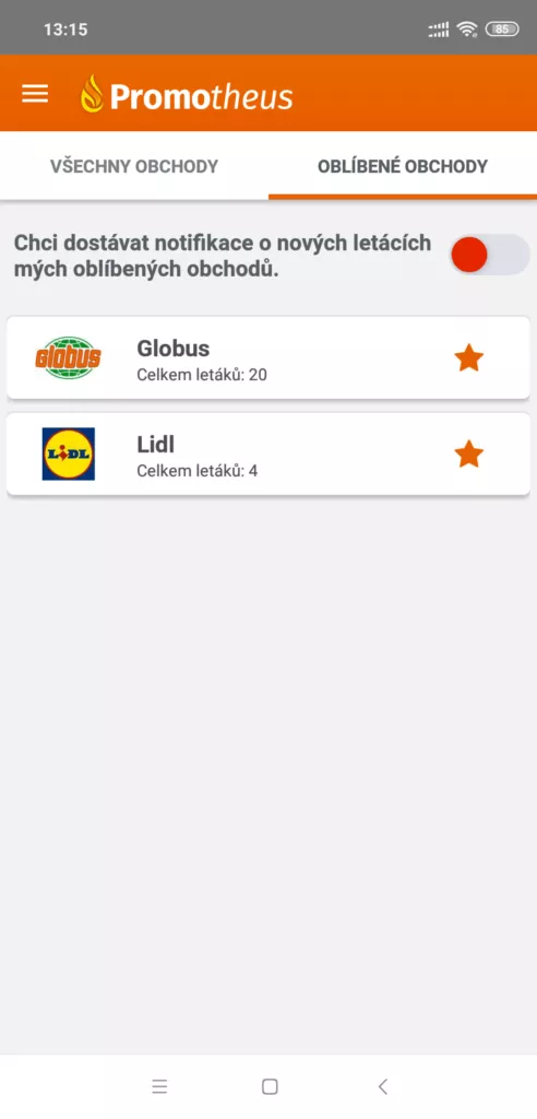 Oblíbené obchody s notifikací
