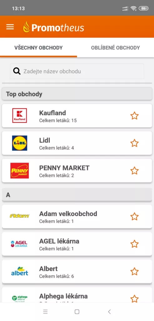 Přehled obchodů k dispozici