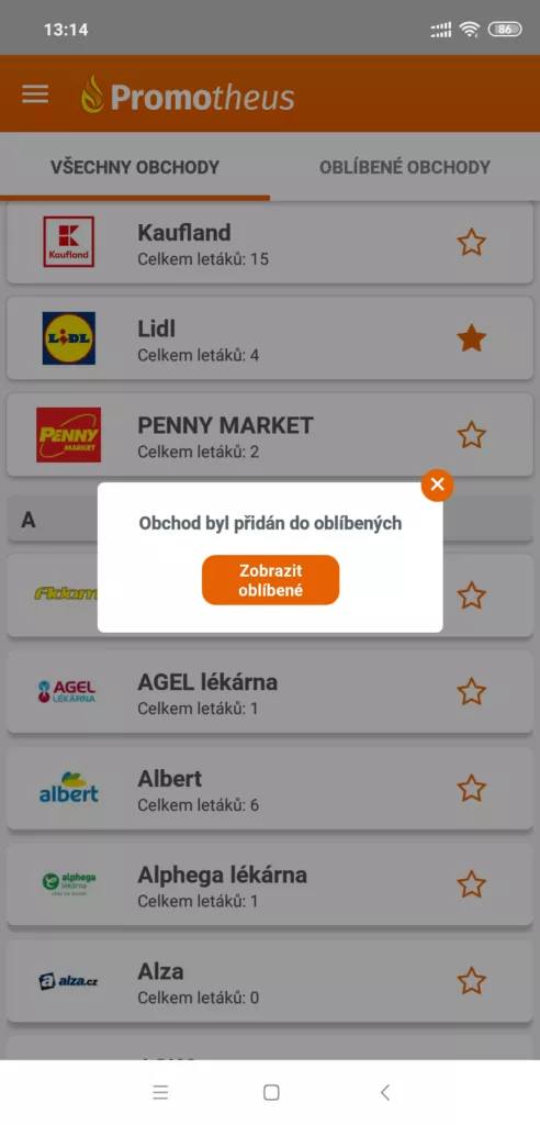 Přidání obchodu mezi oblíbené