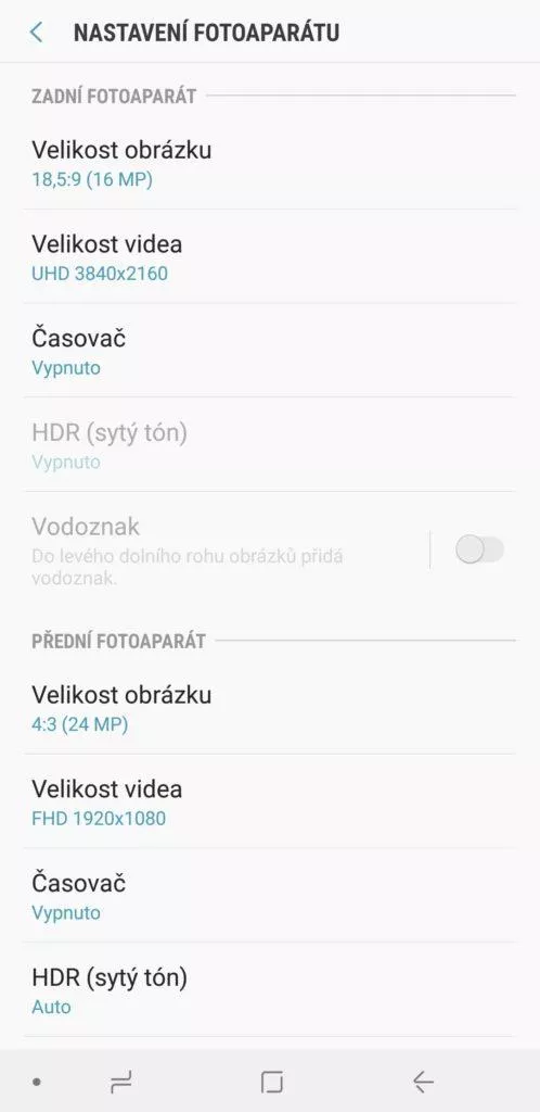 Samsung Galaxy A9 aplikace fotoaparatu nastaveni