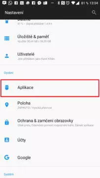Sekce Aplikace v systémovém nastavení