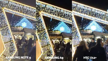 Srovnání fotoaparátů Samsung Galaxy A9 vs Samsung Galaxy Note 9 vs HTC U12+ nocni ulice detail