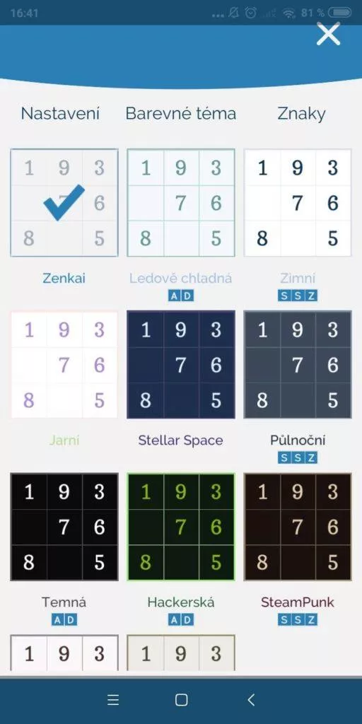 Sudoku Zenkai - barevná schémata