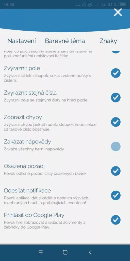 Sudoku-Zenkai-nastaveni hry