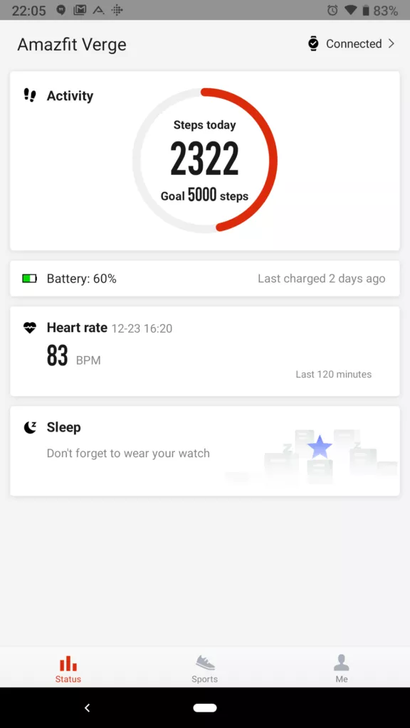 Xiaomi Amazfit aplikace hlavní obrazovka