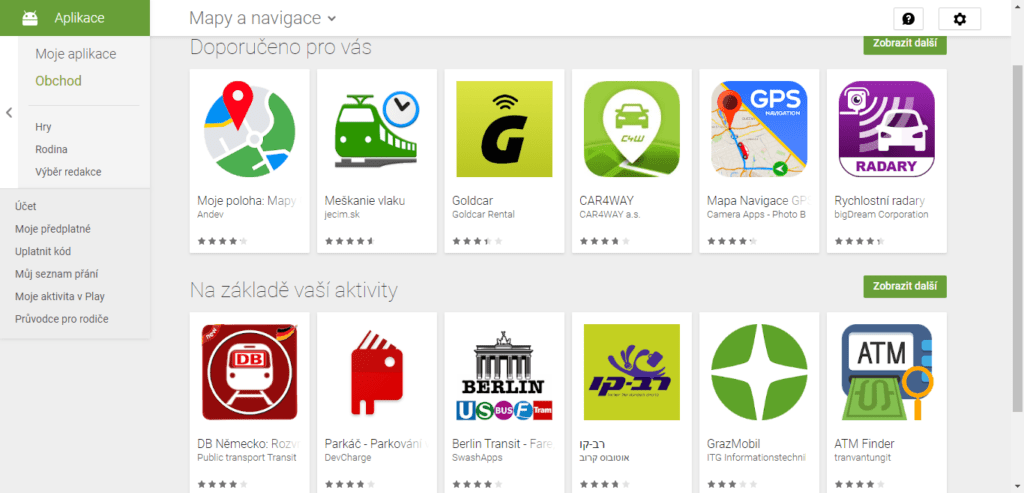 Sekce Mapy a navigace v Obchodě Play