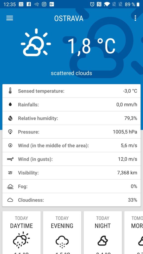 Úvodní obrazovka Weather ICM